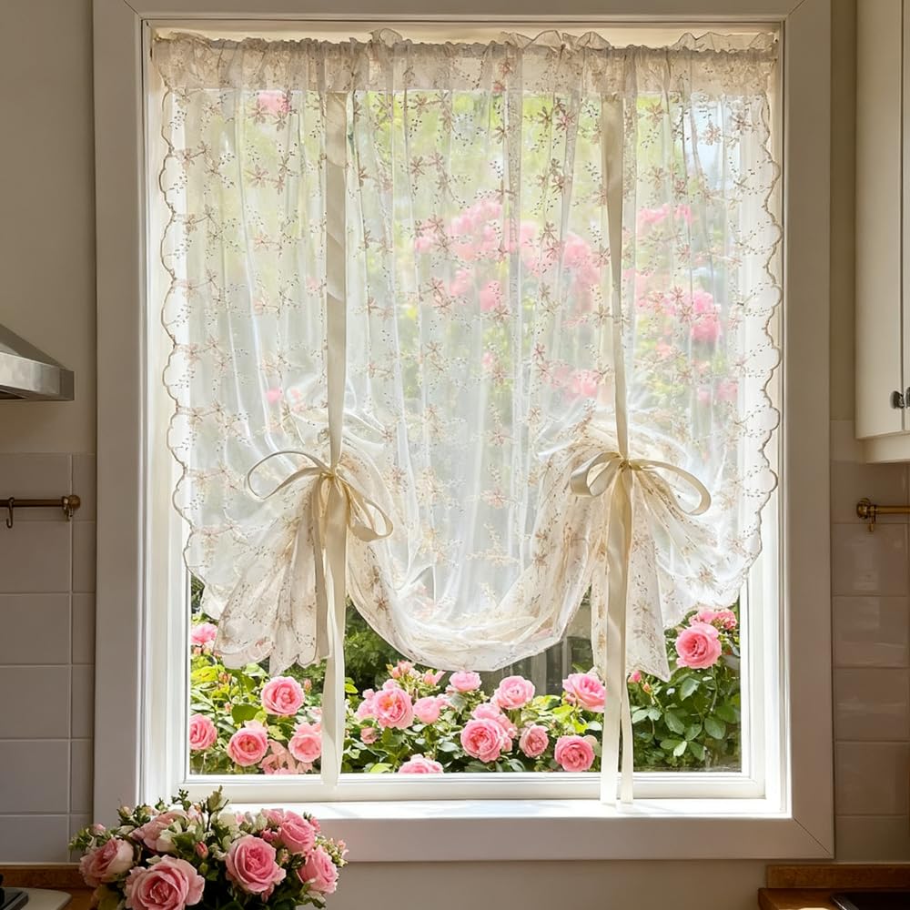 Floral Lace Tie-Up Balloon Curtain Panel
