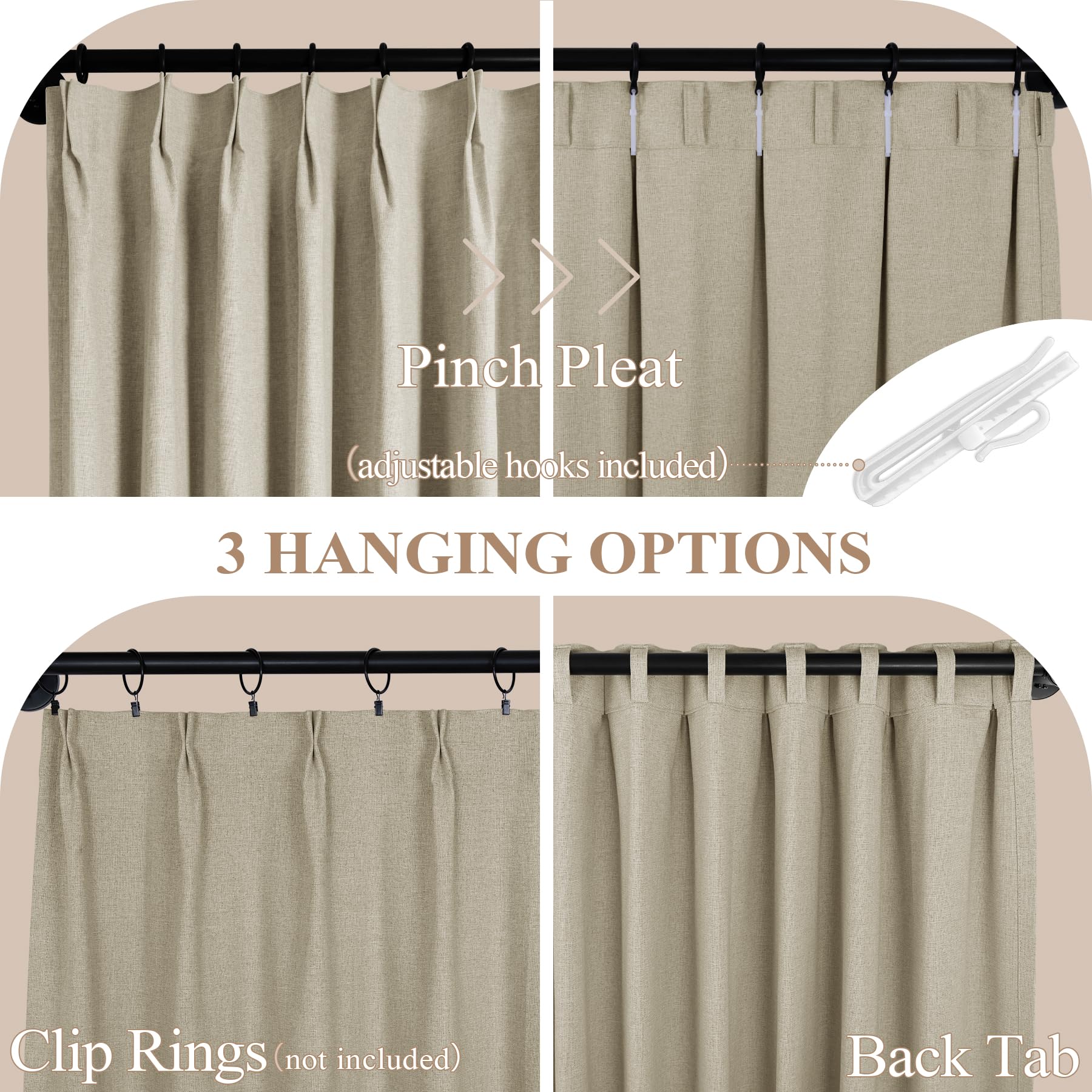 2-in-1 Linen Blackout Pinch Pleat Curtains Set
