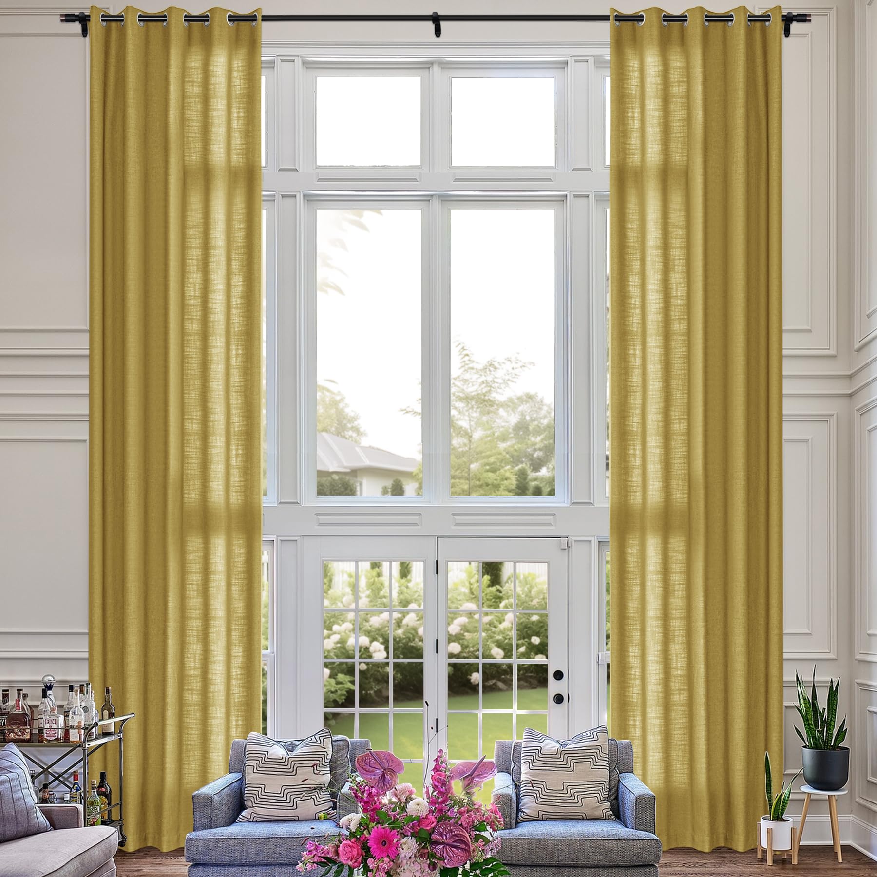 Extra Long Linen Room Darkening Curtains Set