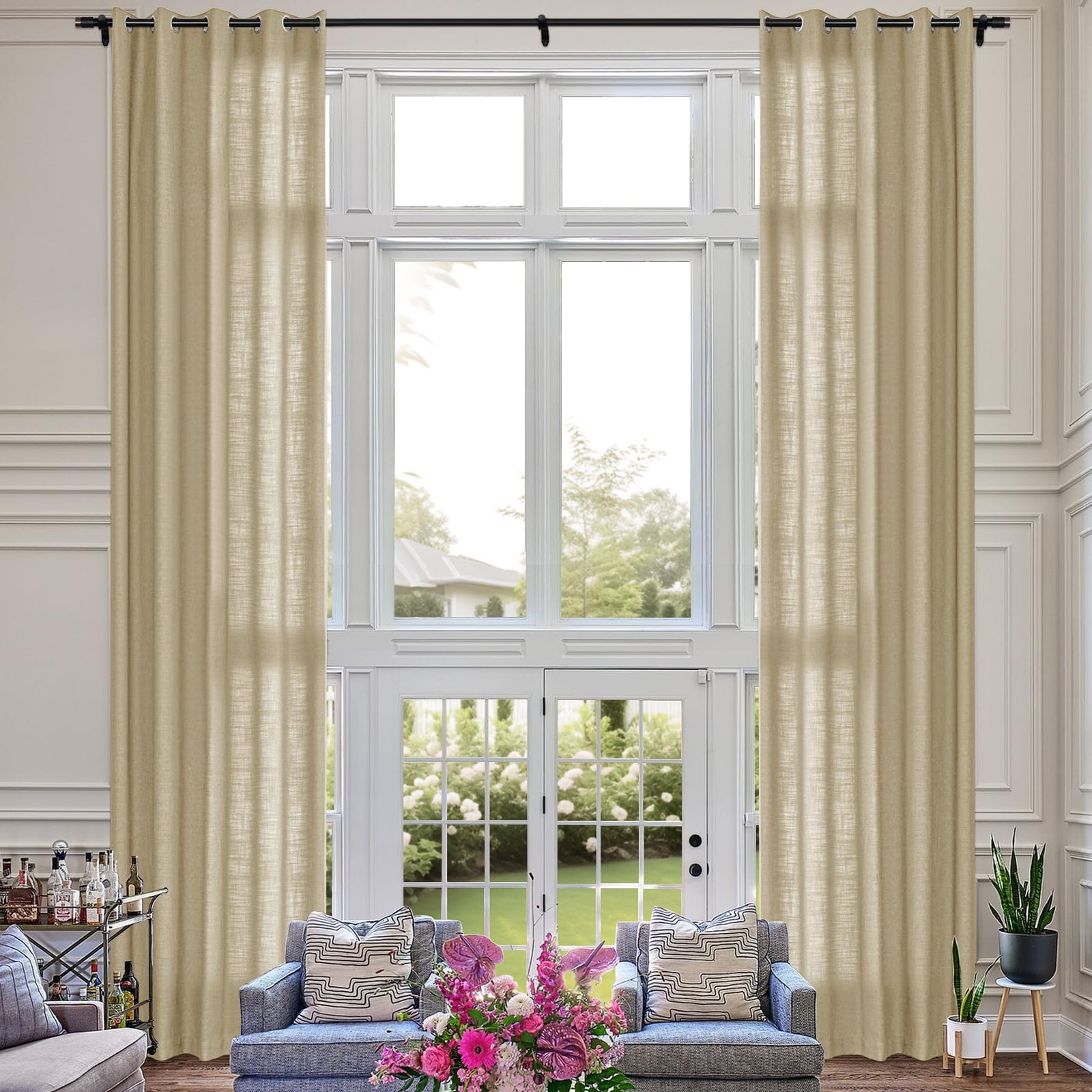 Extra Long Linen Room Darkening Curtains Set
