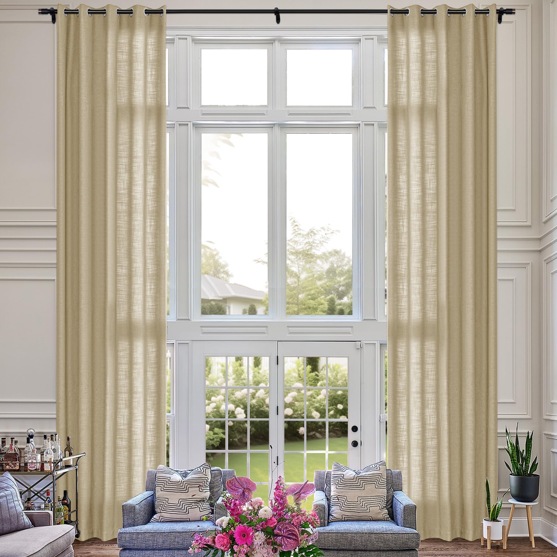Extra Long Linen Room Darkening Curtains Set
