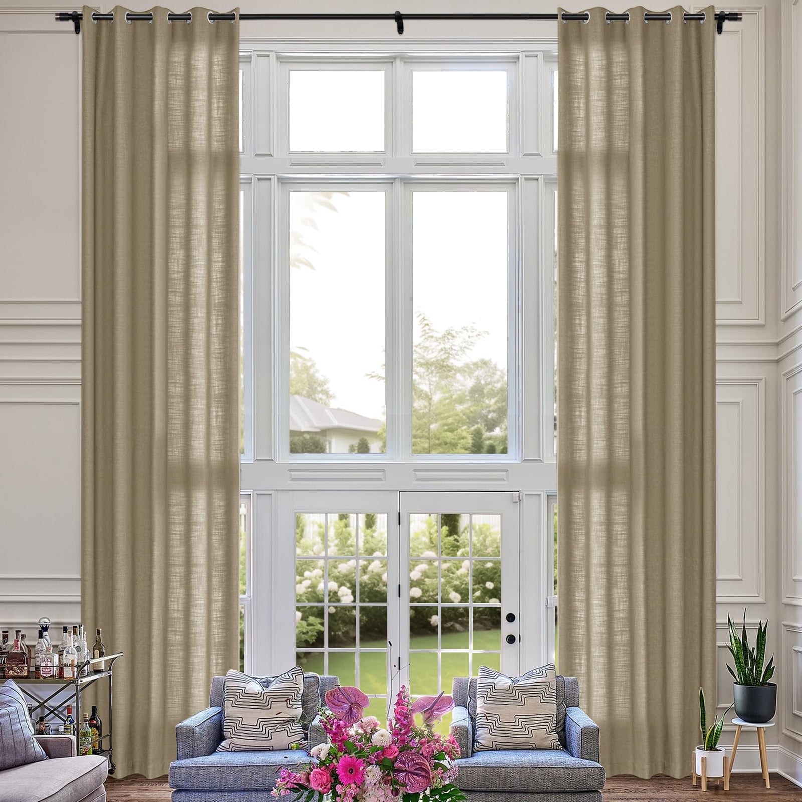 Extra Long Linen Room Darkening Curtains Set
